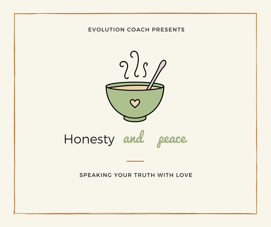 Picture has a yellow background. There is a cup of steaming tea in the middle. The text above the cup reads “Evolution Coach presents” Underneath the cup there is the following text “Honesty and Peace Speaking your truth with love."